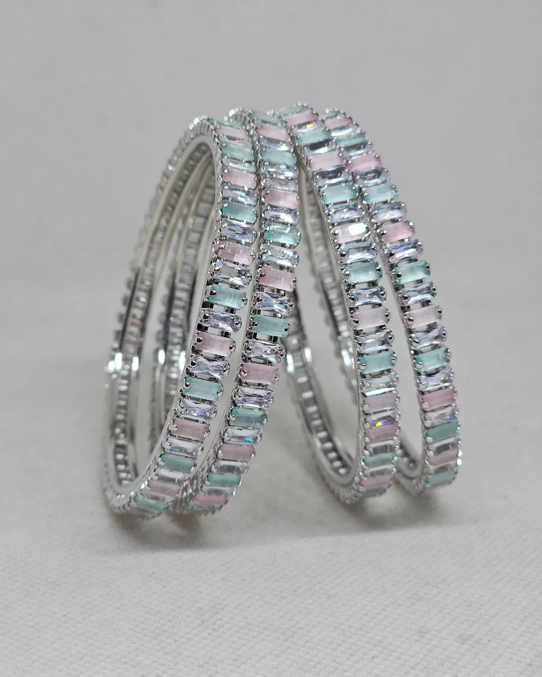 Pastel Multicolour Stone-Studded Rhodium-Plated Bangle Set