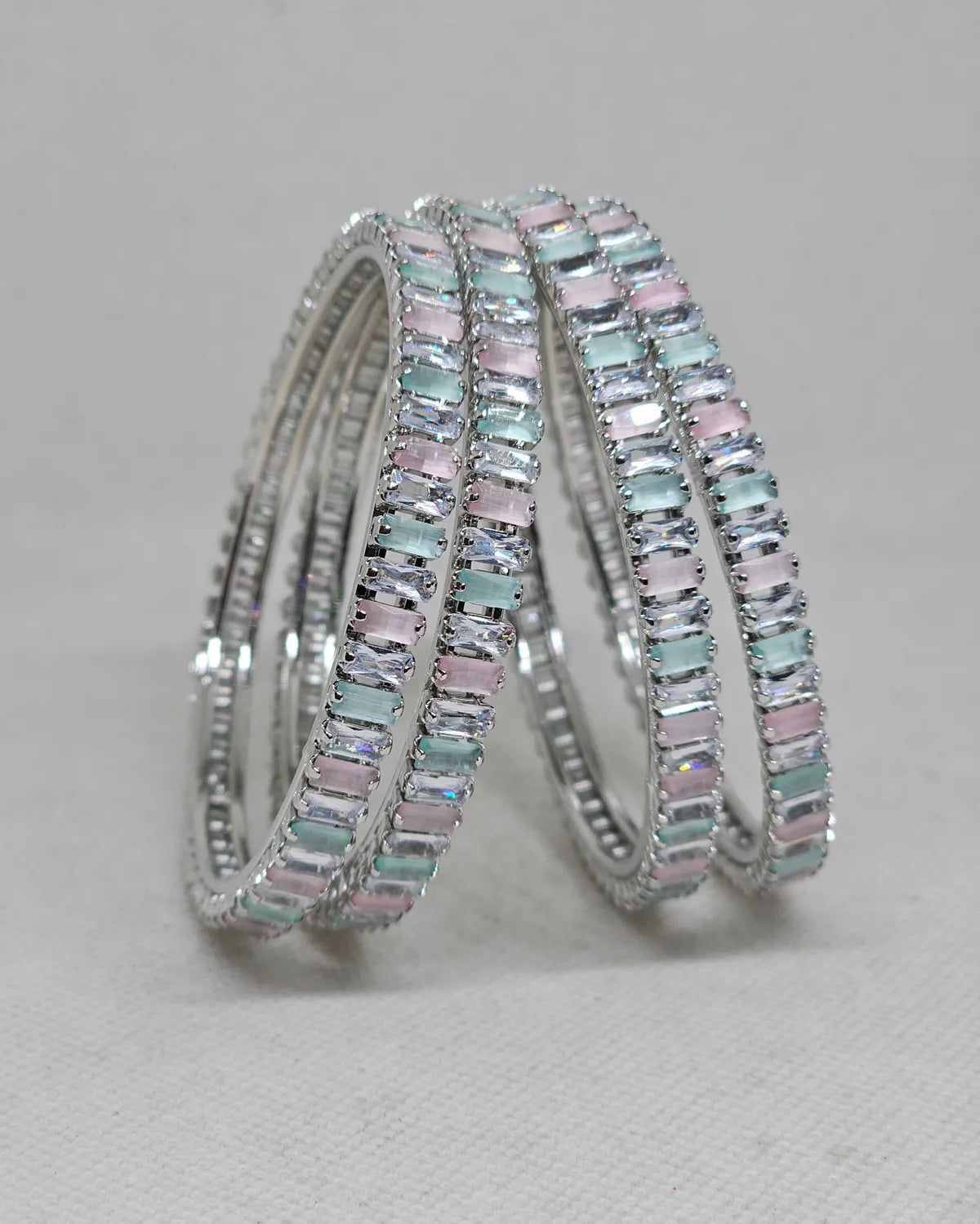 Pastel Multicolour Stone-Studded Rhodium-Plated Bangle Set