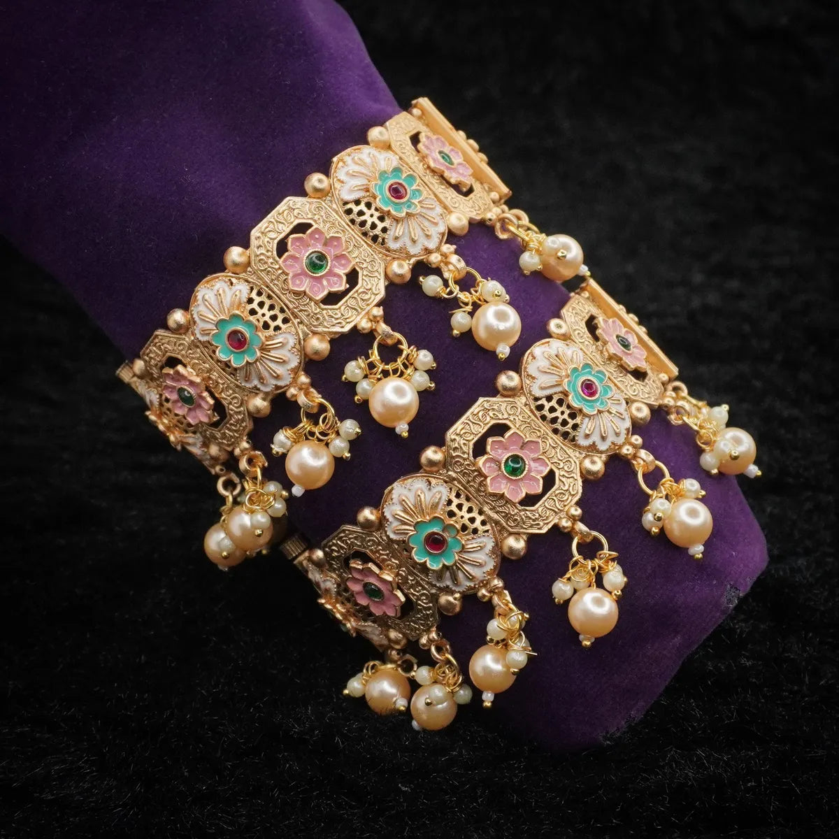 Jumki Latkan with Mint Pink Meena Designer Copper Bangles Set