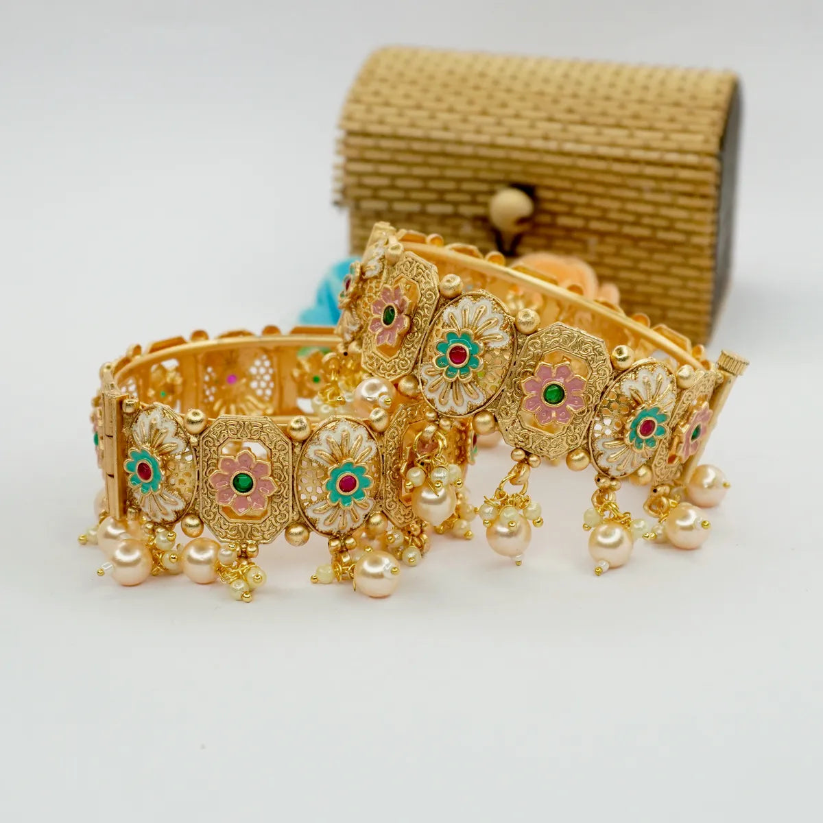 Jumki Latkan with Mint Pink Meena Designer Copper Bangles Set