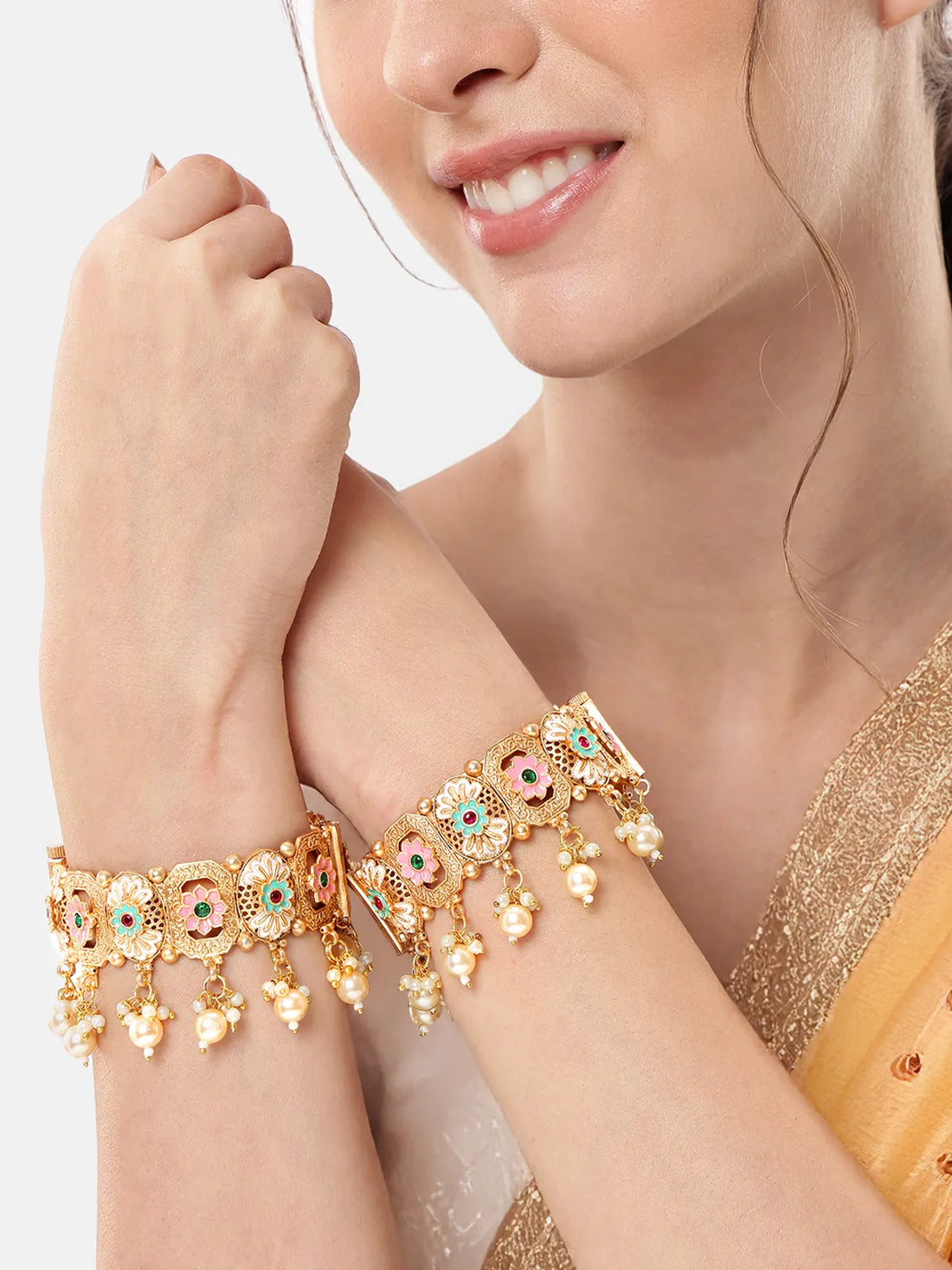 Jumki Latkan with Mint Pink Meena Designer Copper Bangles Set