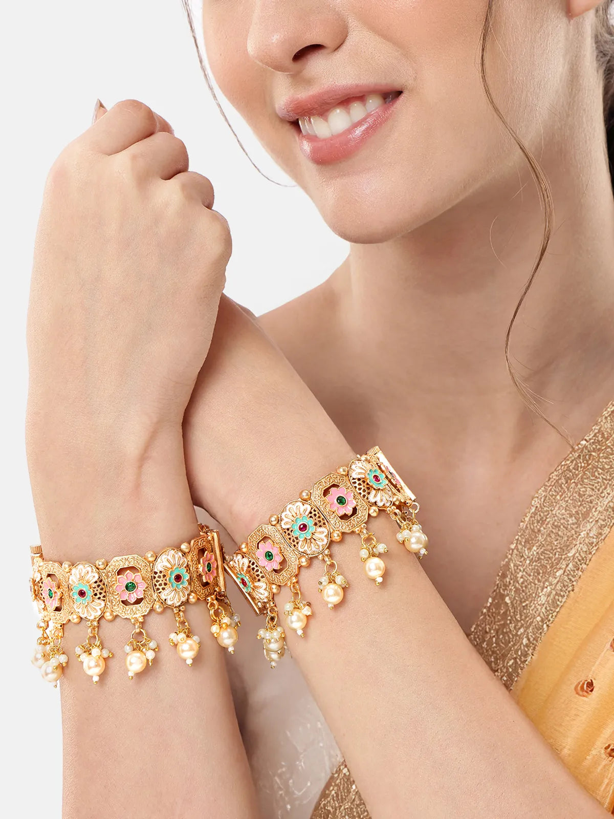 Jumki Latkan with Mint Pink Meena Designer Copper Bangles Set