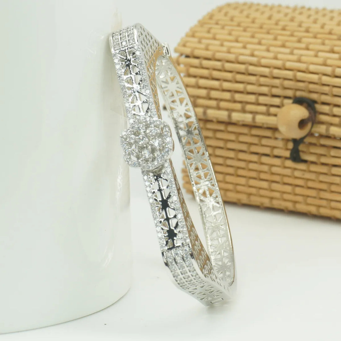 Panini Jewels Silver Plated Floral Crystal Studded Cutwork Designer Kada Bangle