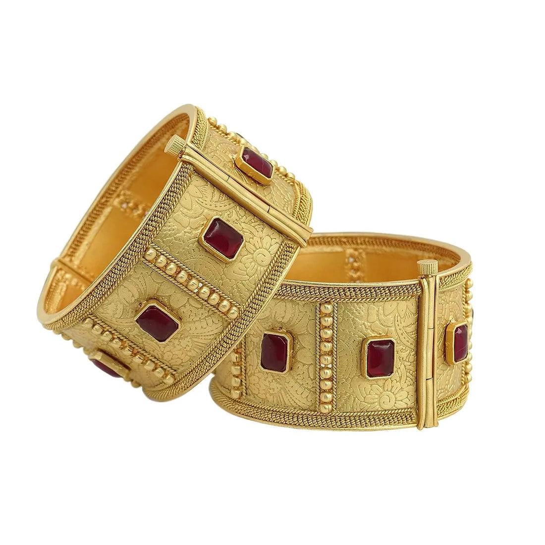 Antique Gold-Plated Red Stone Embossed Bangles