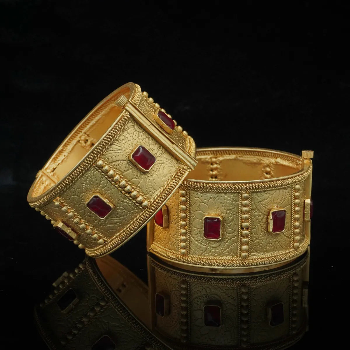 Antique Gold-Plated Red Stone Embossed Bangles
