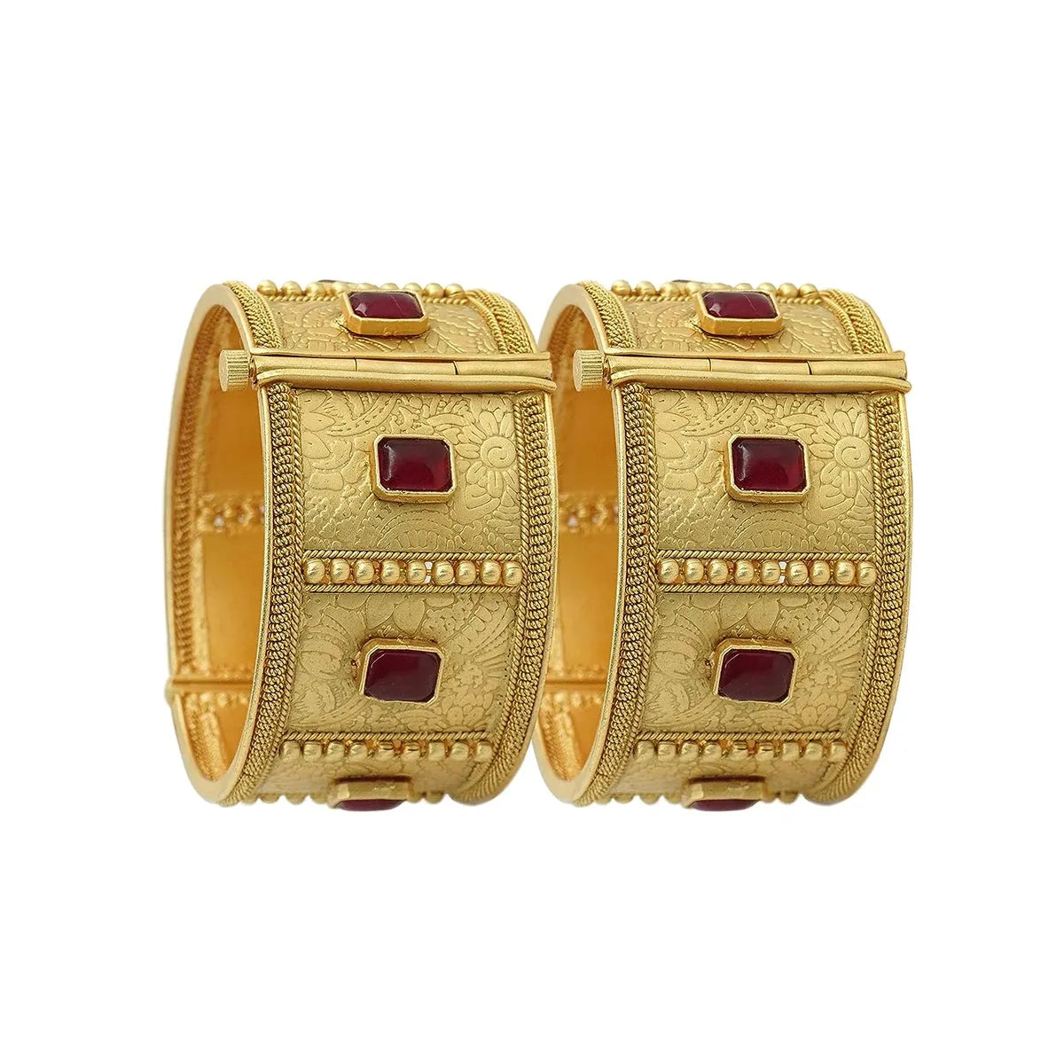 Antique Gold-Plated Red Stone Embossed Bangles