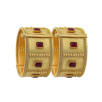 Antique Gold-Plated Red Stone Embossed Bangles
