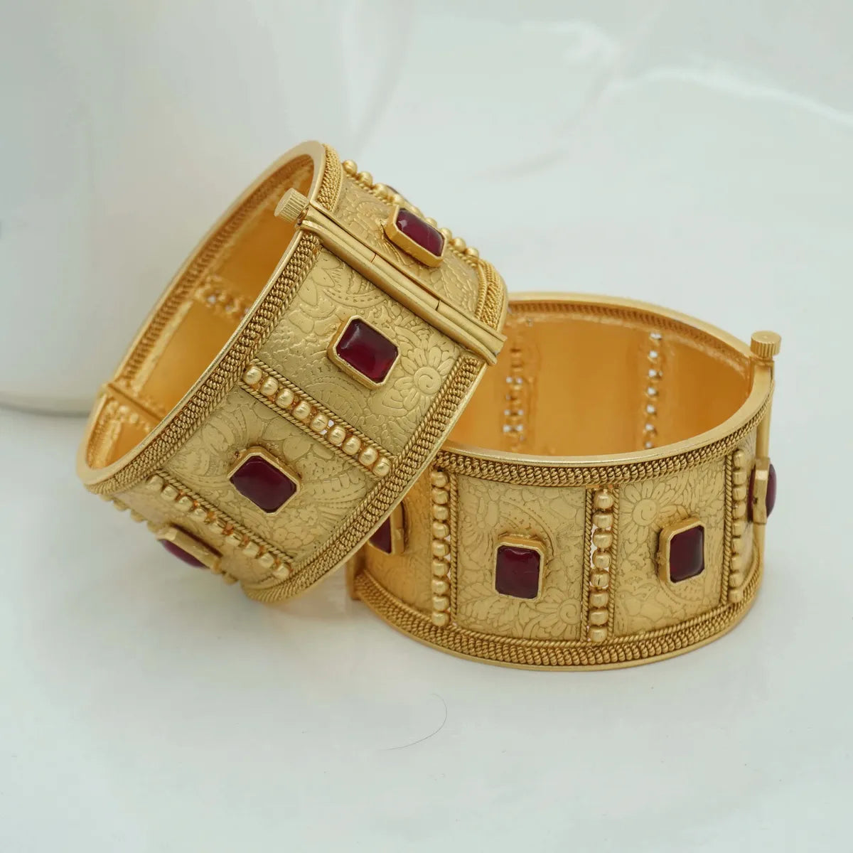 Antique Gold-Plated Red Stone Embossed Bangles