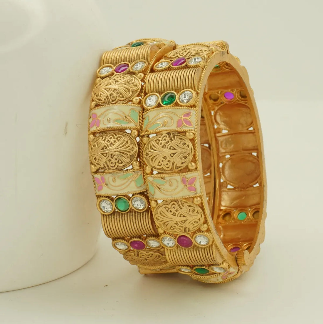 Antique Gold Plated Pastel Meenakari Green and Pink Stone Bridal Bangle Set