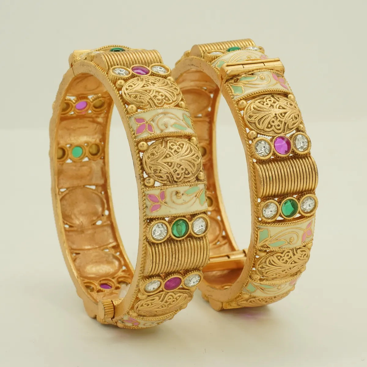 Antique Gold Plated Pastel Meenakari Green and Pink Stone Bridal Bangle Set
