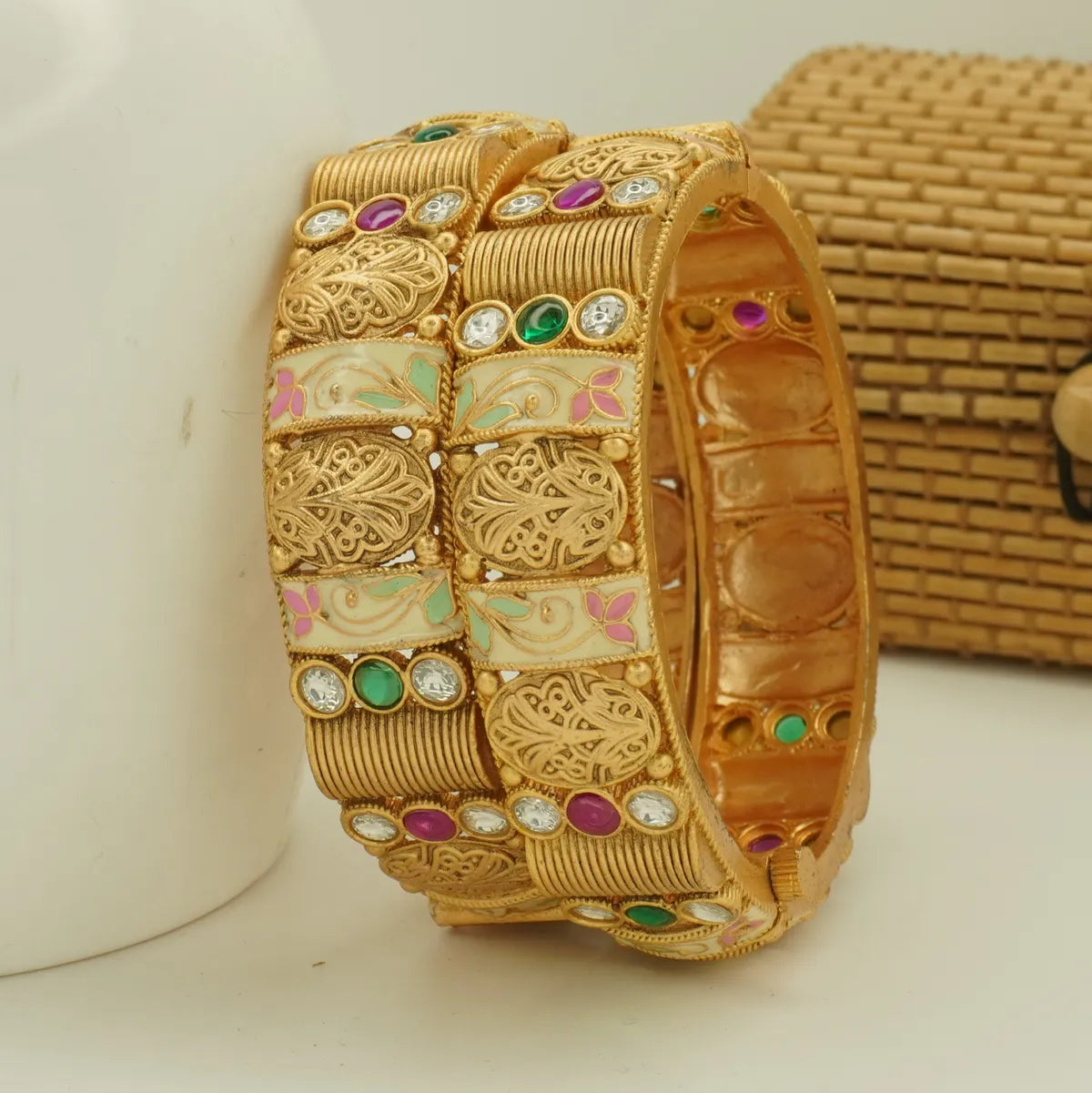Antique Gold Plated Pastel Meenakari Green and Pink Stone Bridal Bangle Set