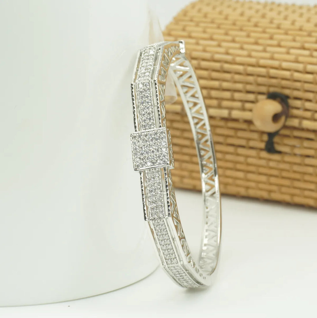 Panini Jewels Silver Plated Crystal Studded Square Motif Designer Kada Bangle