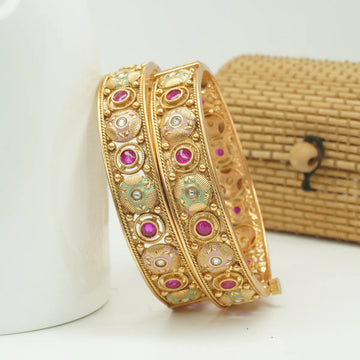 Gold Plated Ruby Green Floral Temple Bangles Set