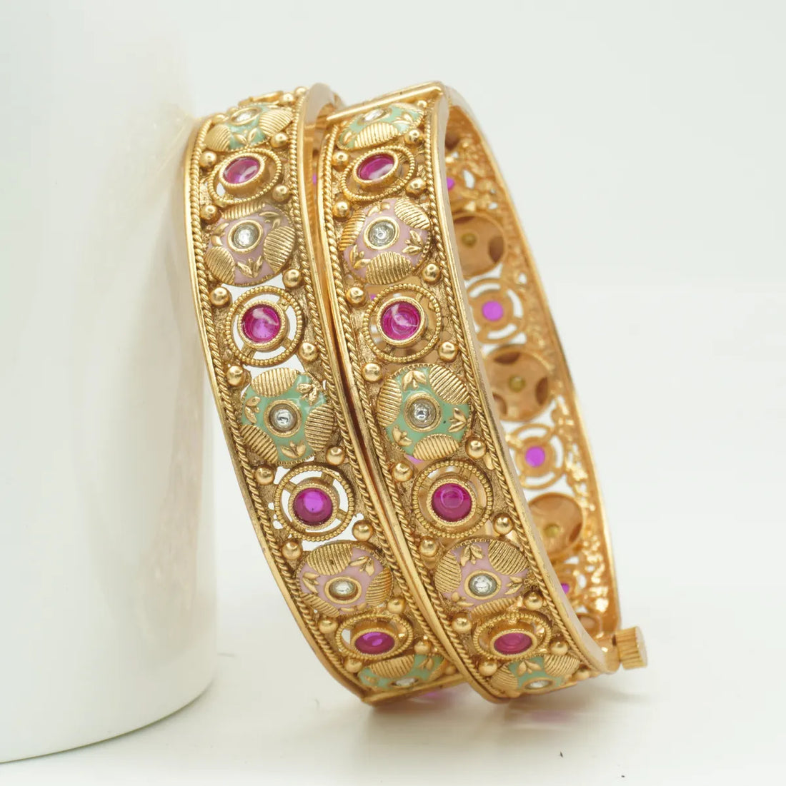 Gold Plated Ruby Green Floral Temple Bangles Set