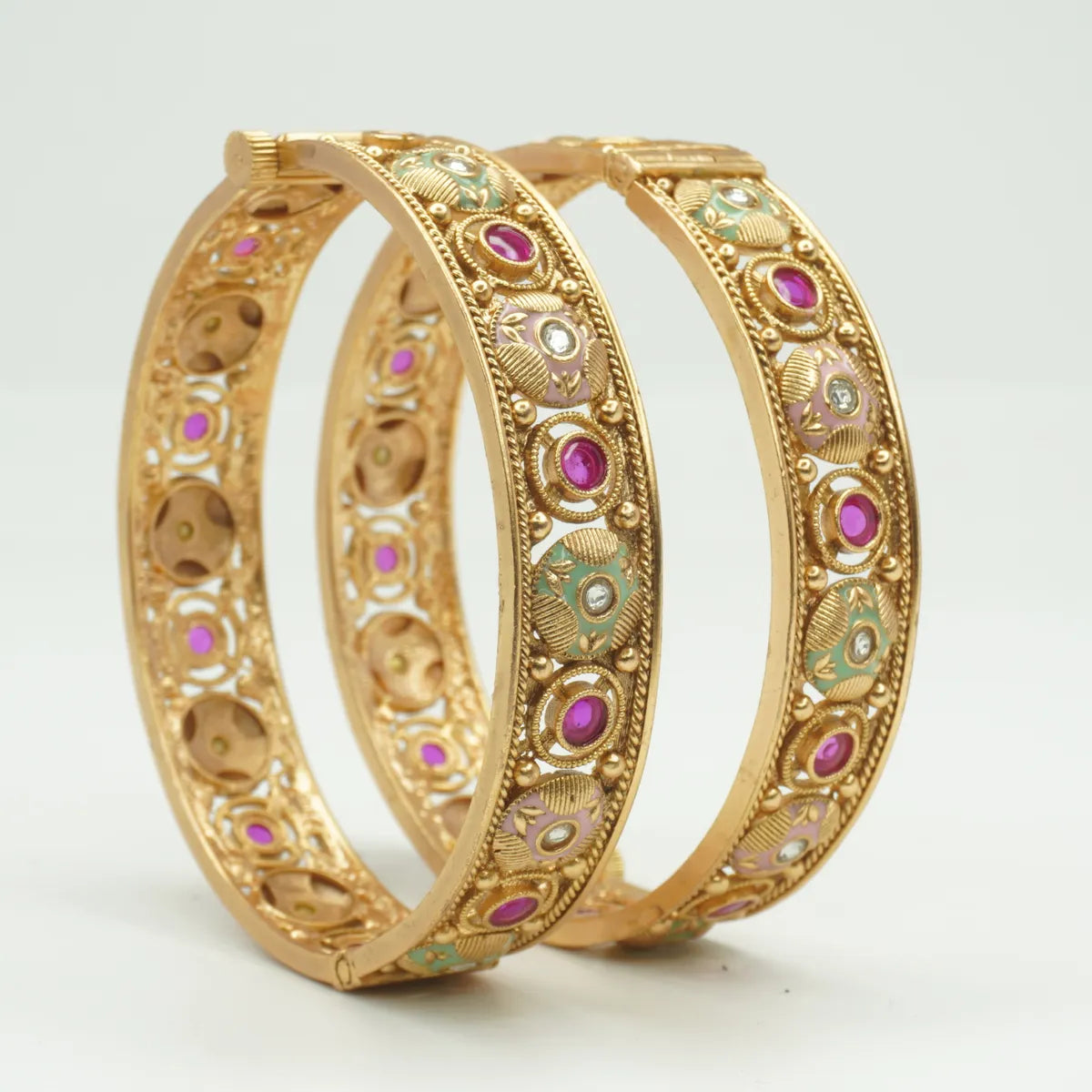 Gold Plated Ruby Green Floral Temple Bangles Set
