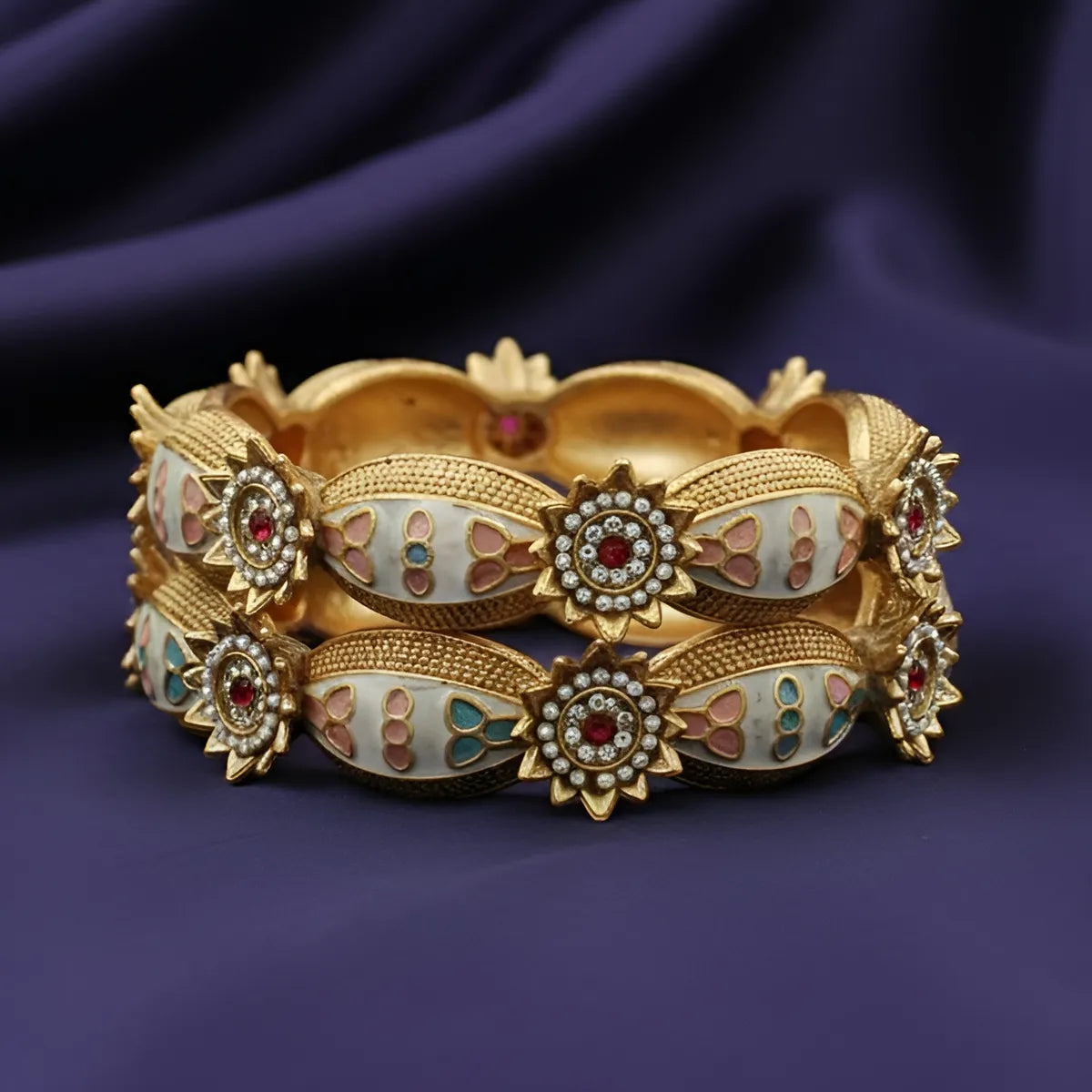 Panini Jewels Gold Plated Pearl Kundan Meenakari Floral Bangles Set
