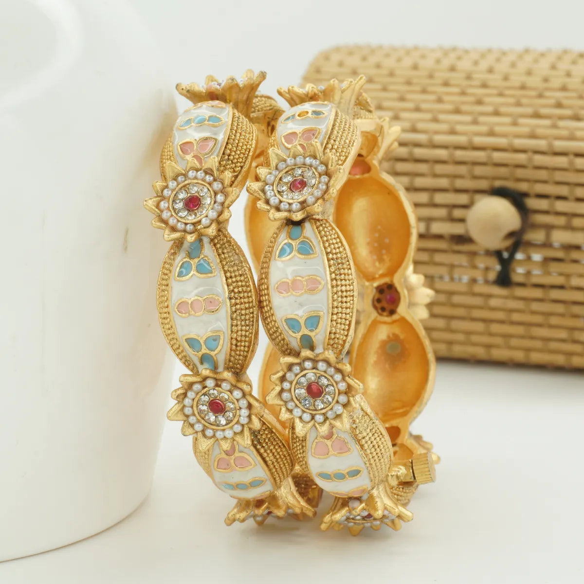 Panini Jewels Gold Plated Pearl Kundan Meenakari Floral Bangles Set