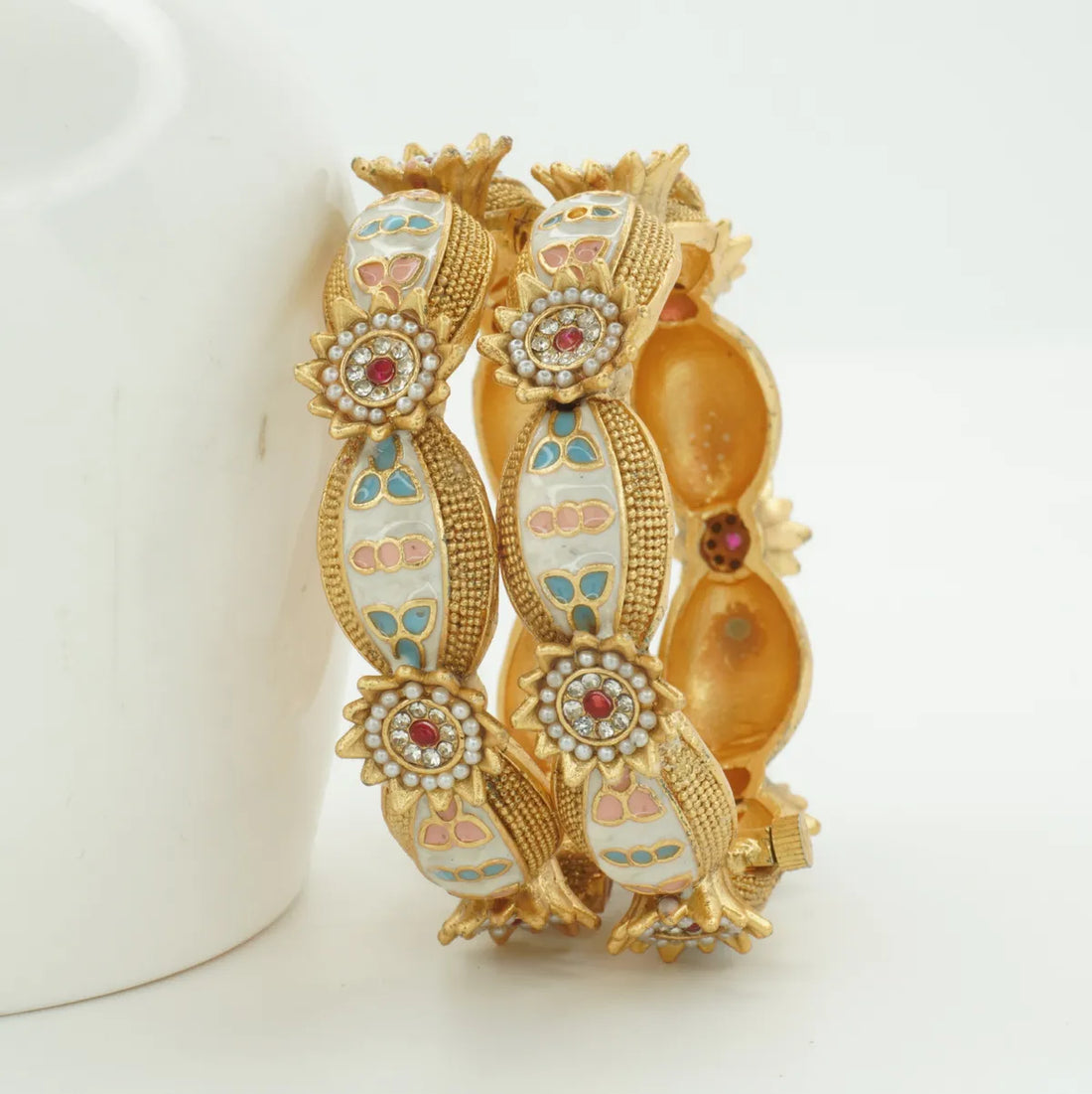 Panini Jewels Gold Plated Pearl Kundan Meenakari Floral Bangles Set