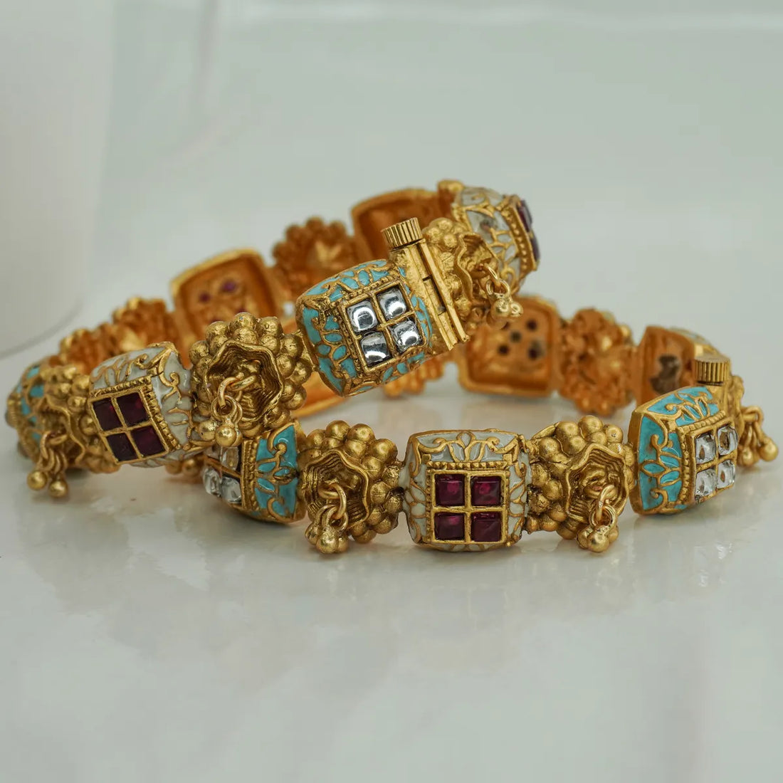 Antique Gold Plated Blue Green Meenakari Kundan Openable Bangles