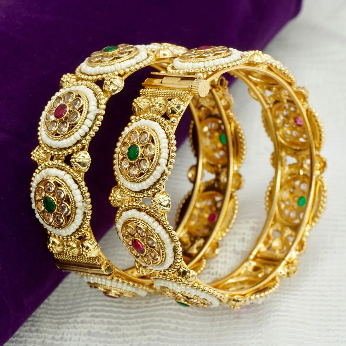 Gold Copper Metal Designer Ad & Pearl Emabaded Openable Bangles Kada ( 2 Pieces )
