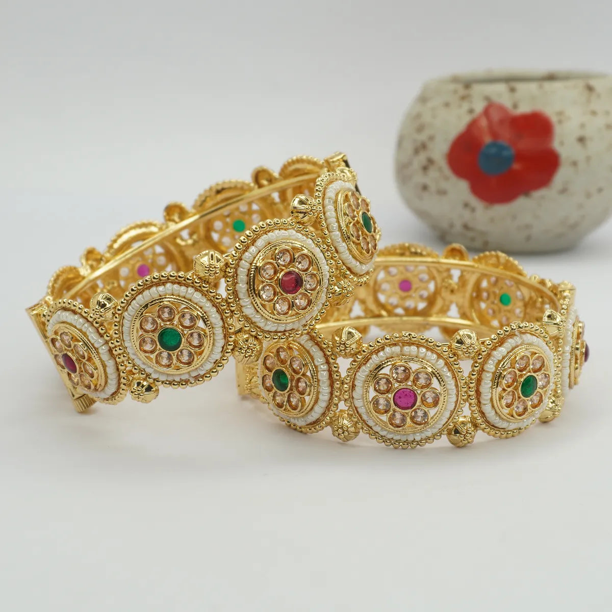 Gold Copper Metal Designer Ad & Pearl Emabaded Openable Bangles Kada ( 2 Pieces )