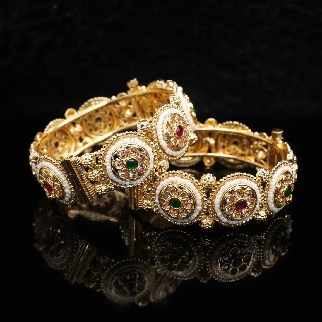 Gold Copper Metal Designer Ad & Pearl Emabaded Openable Bangles Kada ( 2 Pieces )