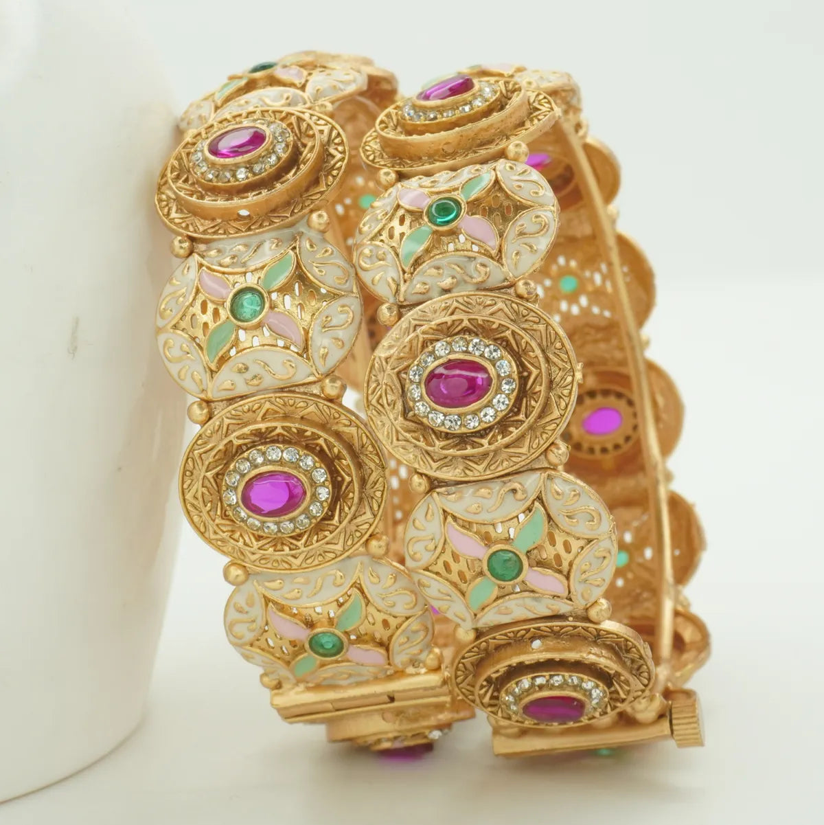 Antique Gold Plated Multi-Colour Stone & Meenakari Kada Bangle Pair for Women