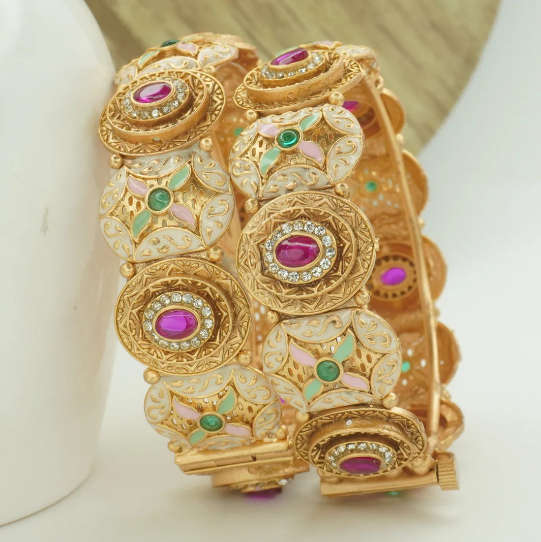 Antique Gold Plated Multi-Colour Stone & Meenakari Kada Bangle Pair for Women