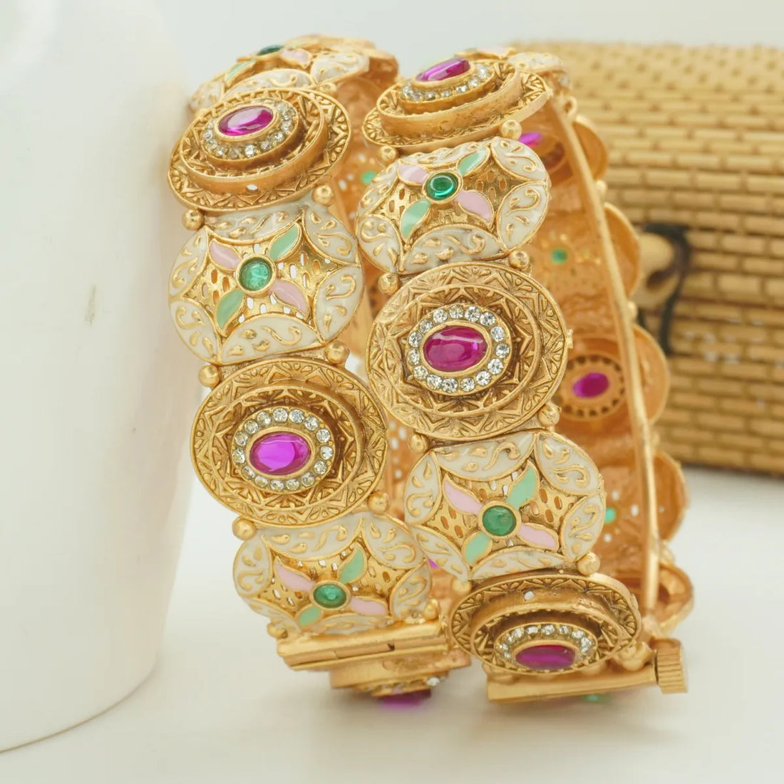 Antique Gold Plated Multi-Colour Stone & Meenakari Kada Bangle Pair for Women
