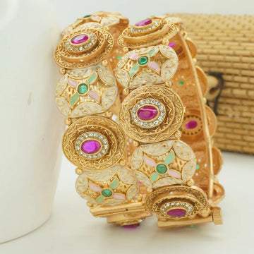 Antique Gold Plated Multi-Colour Stone & Meenakari Kada Bangle Pair for Women