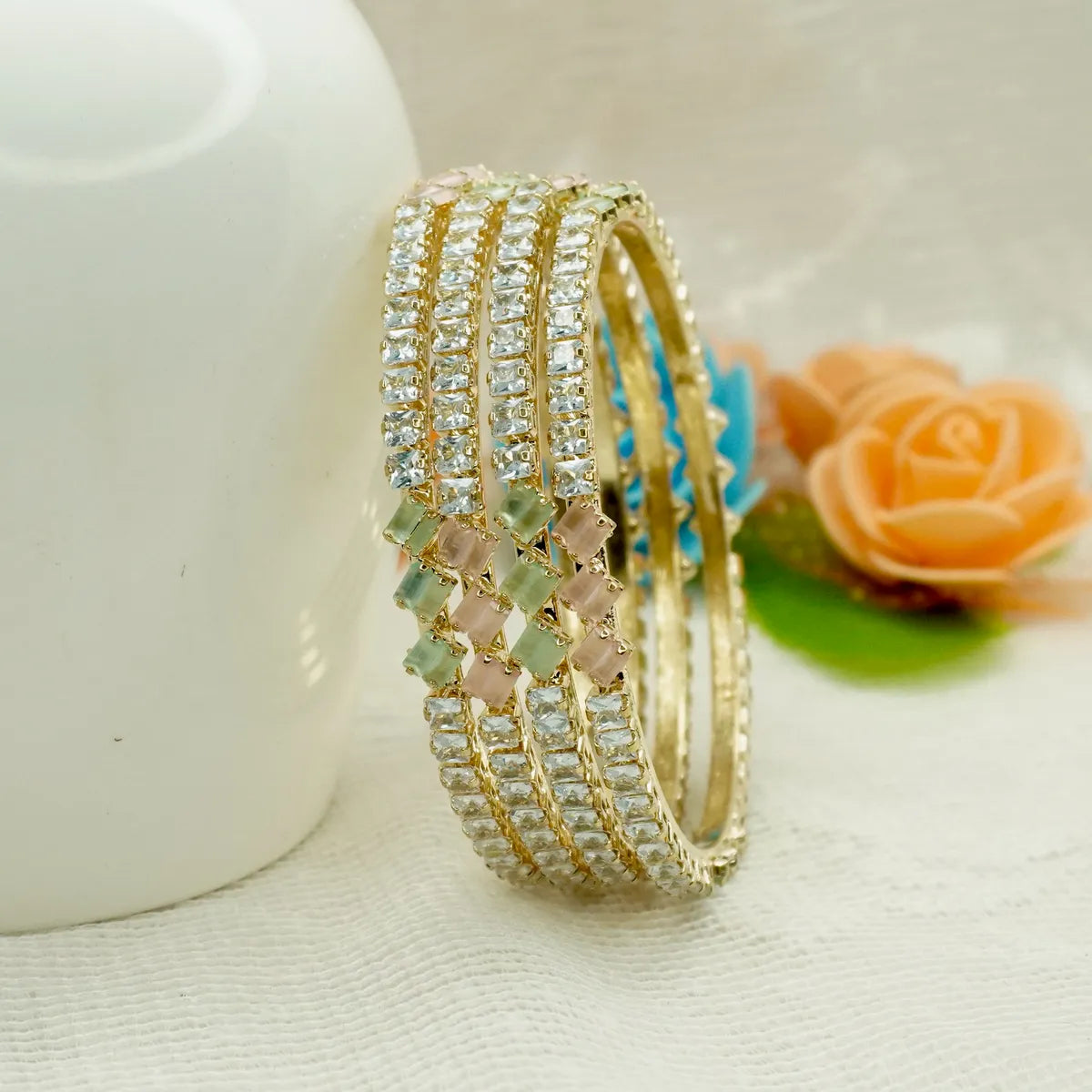 Elegant Gold-Tone Multicolor Stone-Studded Bangles - Set of 4