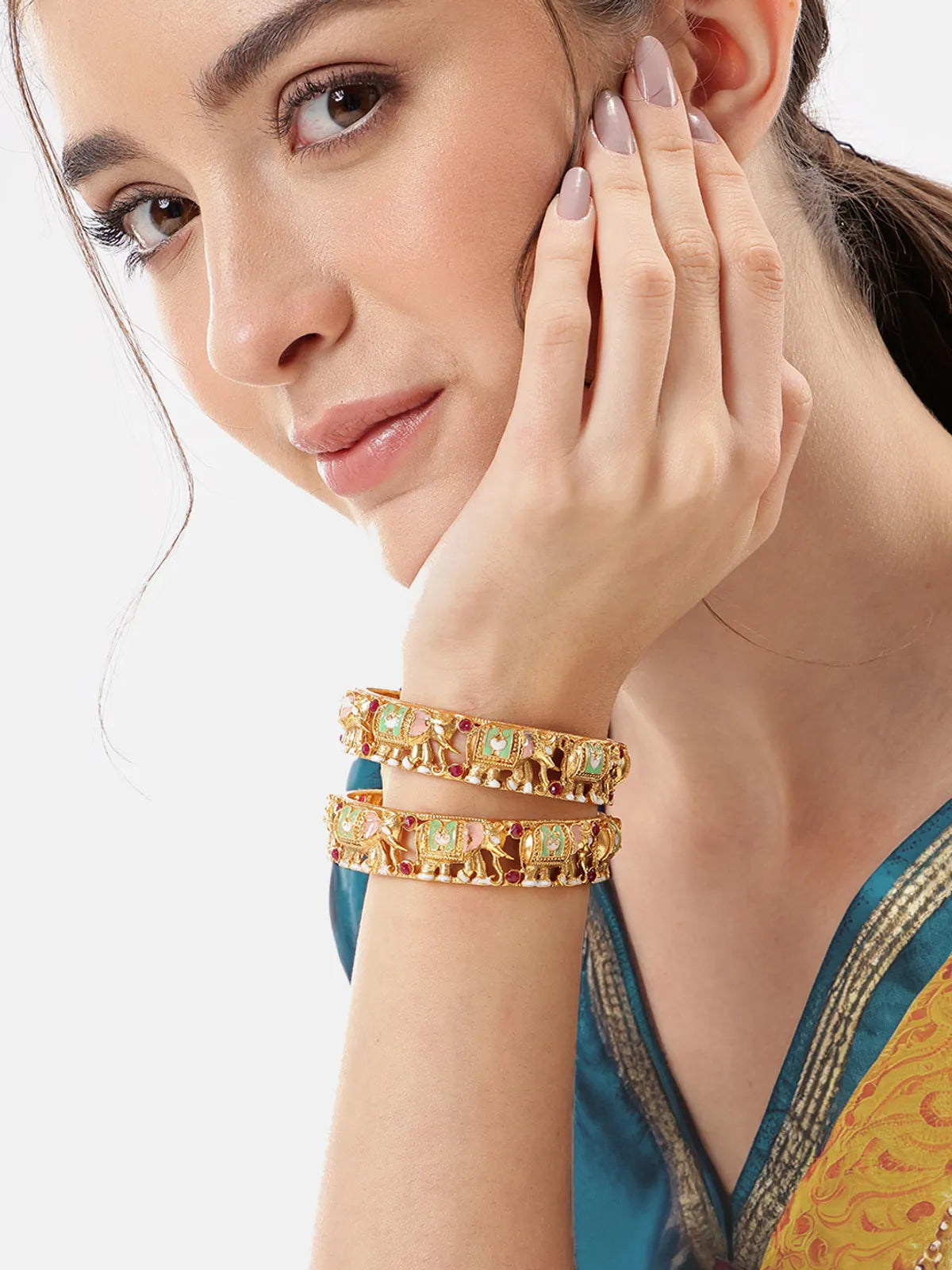 Gold Plated Elephant Shaped Ruby Meena Designer Bangles Set (2 Pcs)