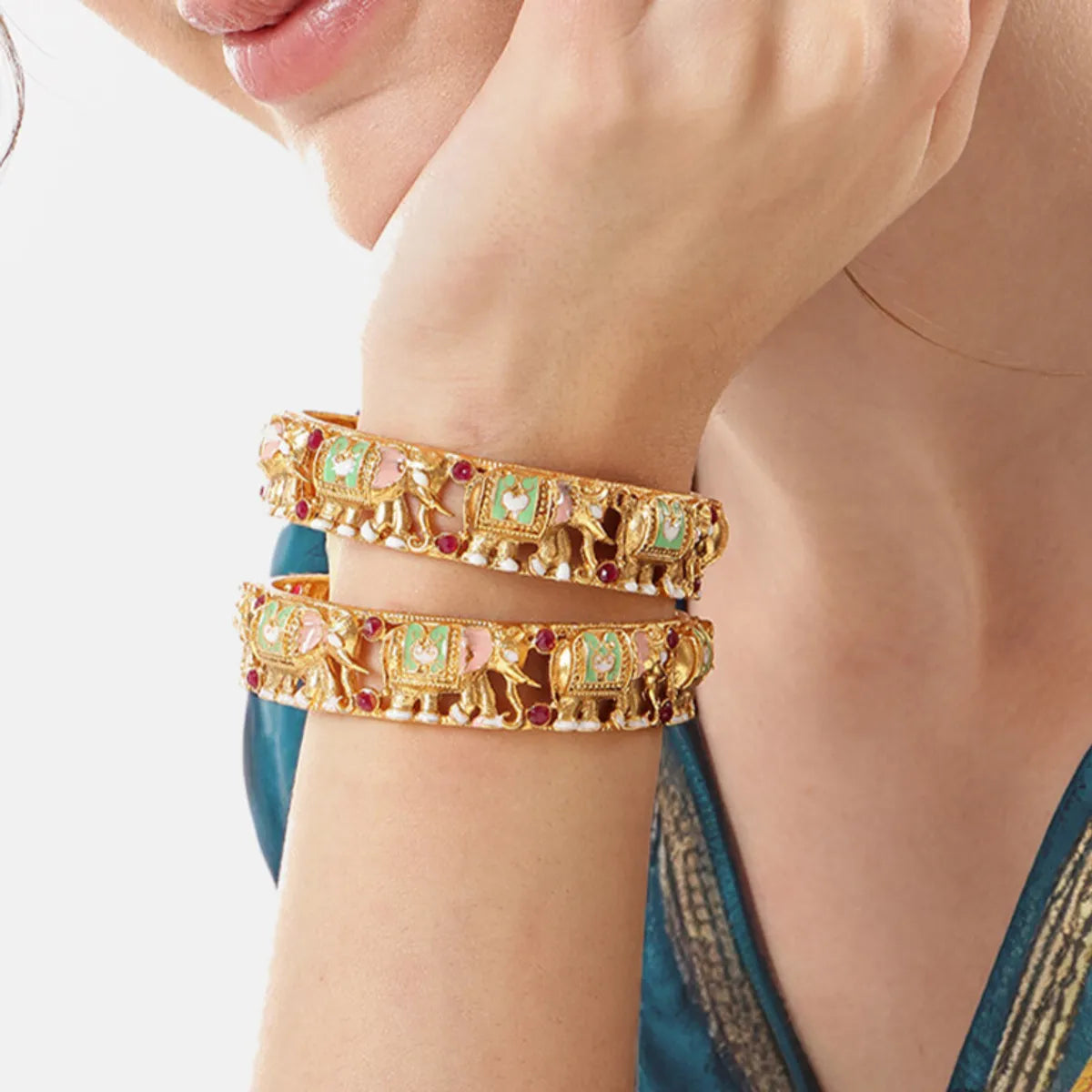 Gold Plated Elephant Shaped Ruby Meena Designer Bangles Set (2 Pcs)
