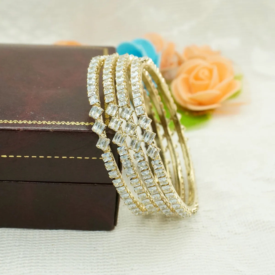 Gold Plated Cubic Zirconia Stone Studded Bangles Set for Women