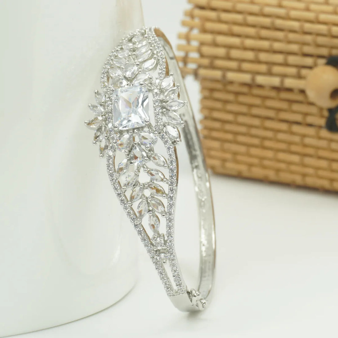 Panini Jewels Silver Plated White Stone Leaf Motif Designer Kada