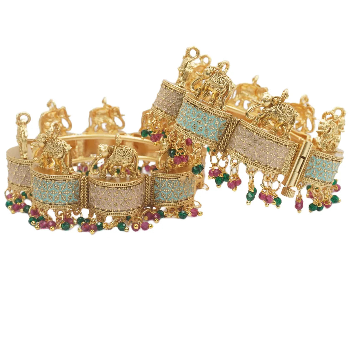 Grand Temple Elephant Kada Bangles with Enamel Work & Beaded Drops – VaraLakshmi Vratam Special