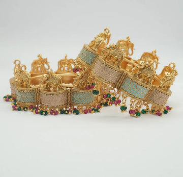 Grand Temple Elephant Kada Bangles with Enamel Work & Beaded Drops – VaraLakshmi Vratam Special