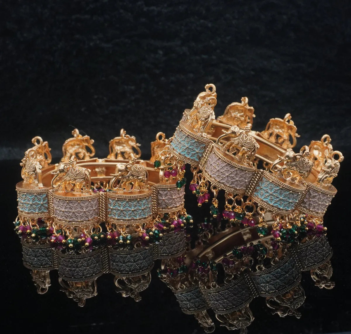 Grand Temple Elephant Kada Bangles with Enamel Work & Beaded Drops – VaraLakshmi Vratam Special