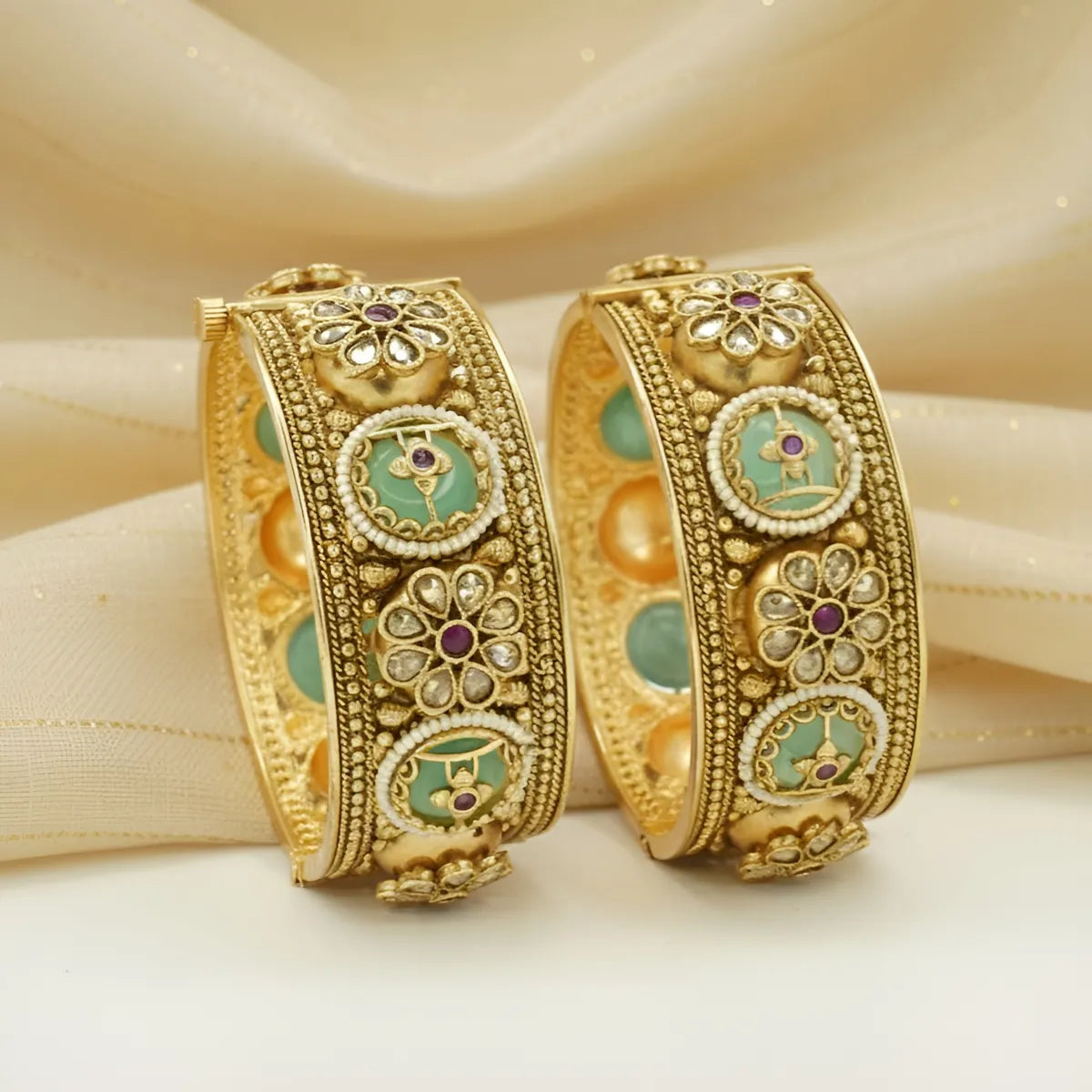 Traditional Mint Green Kundan Floral Gold-Tone Bangle Set