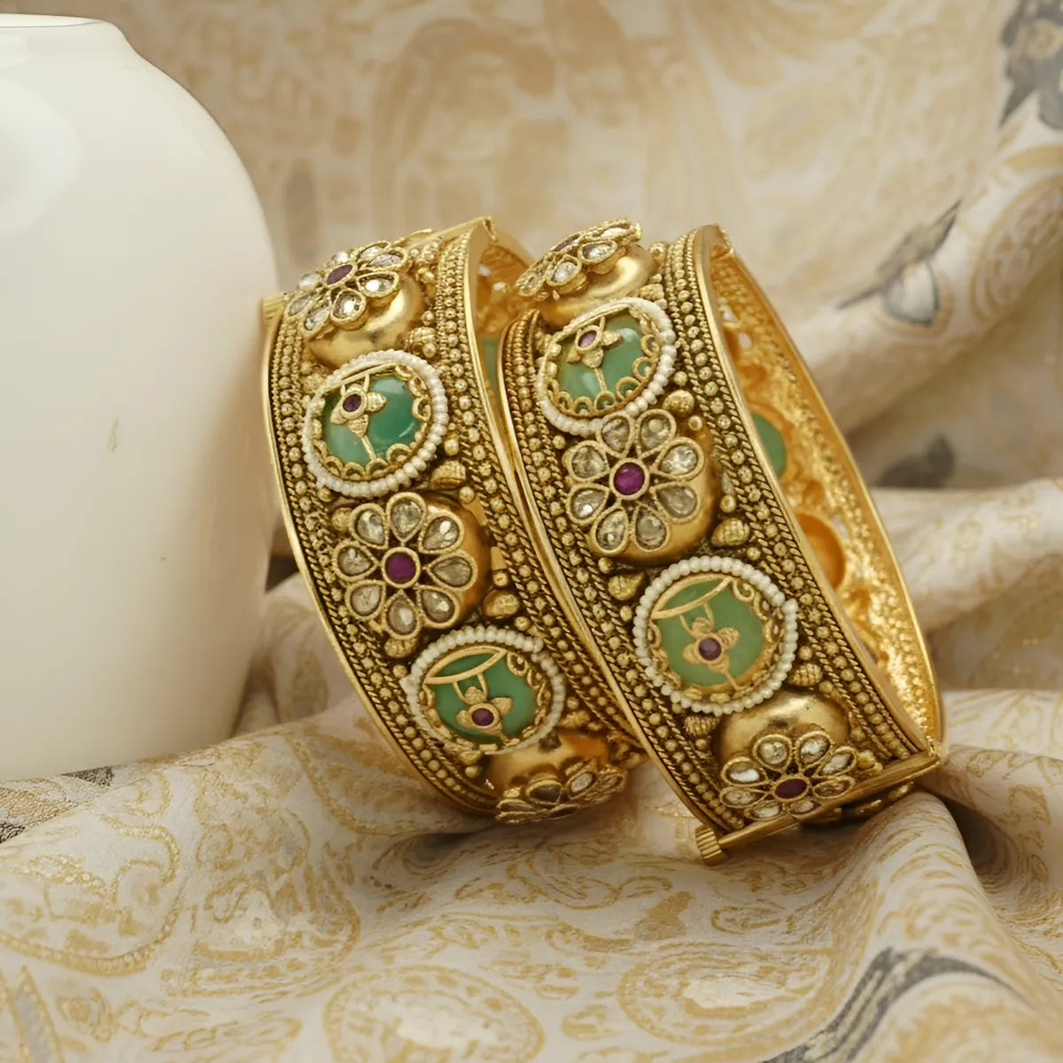 Traditional Mint Green Kundan Floral Gold-Tone Bangle Set
