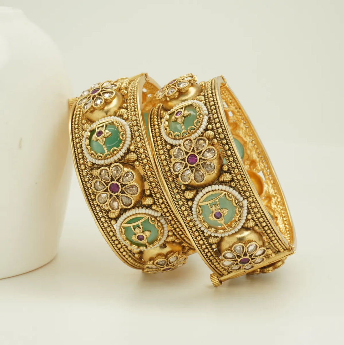 Traditional Mint Green Kundan Floral Gold-Tone Bangle Set