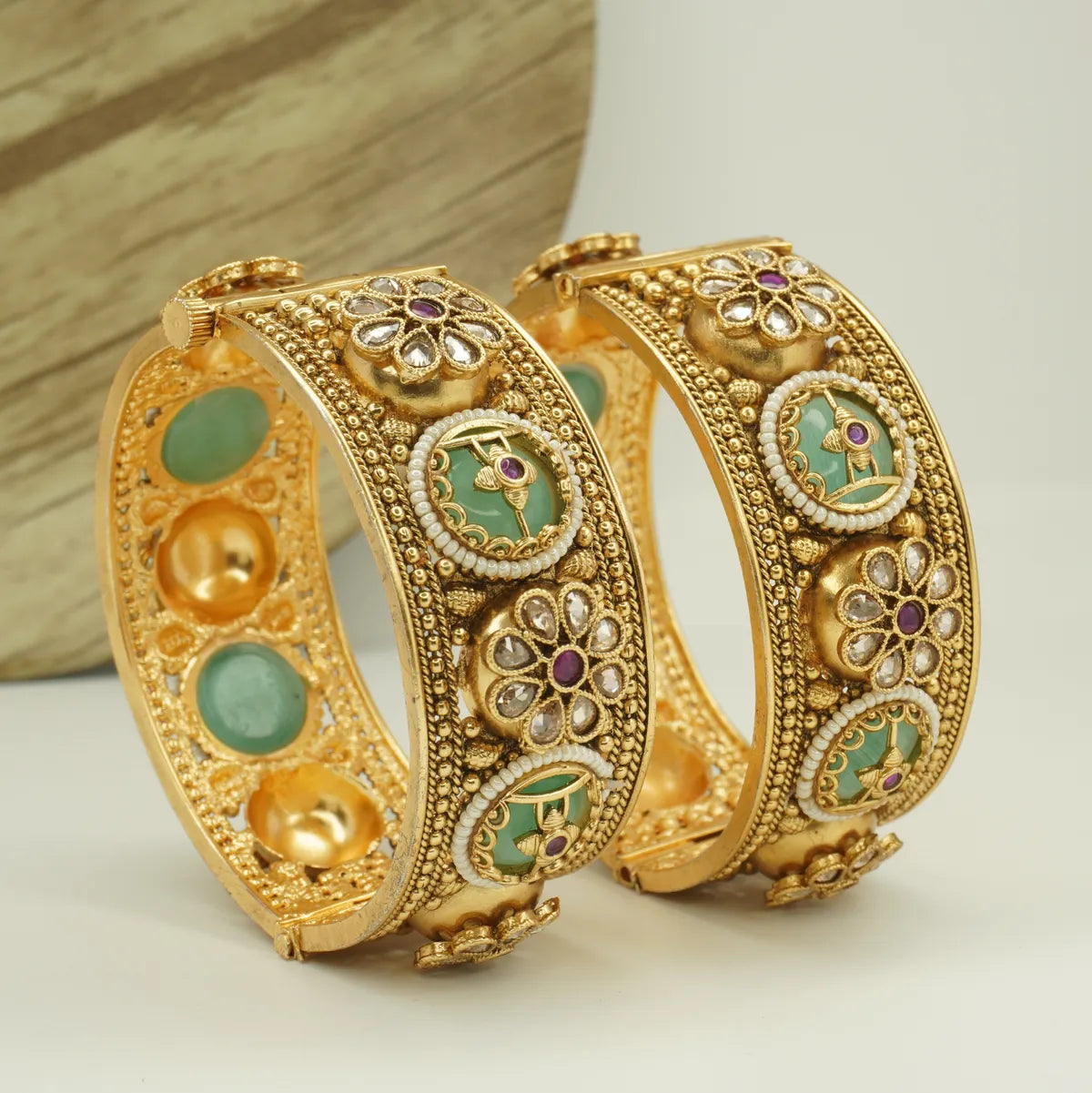 Traditional Mint Green Kundan Floral Gold-Tone Bangle Set