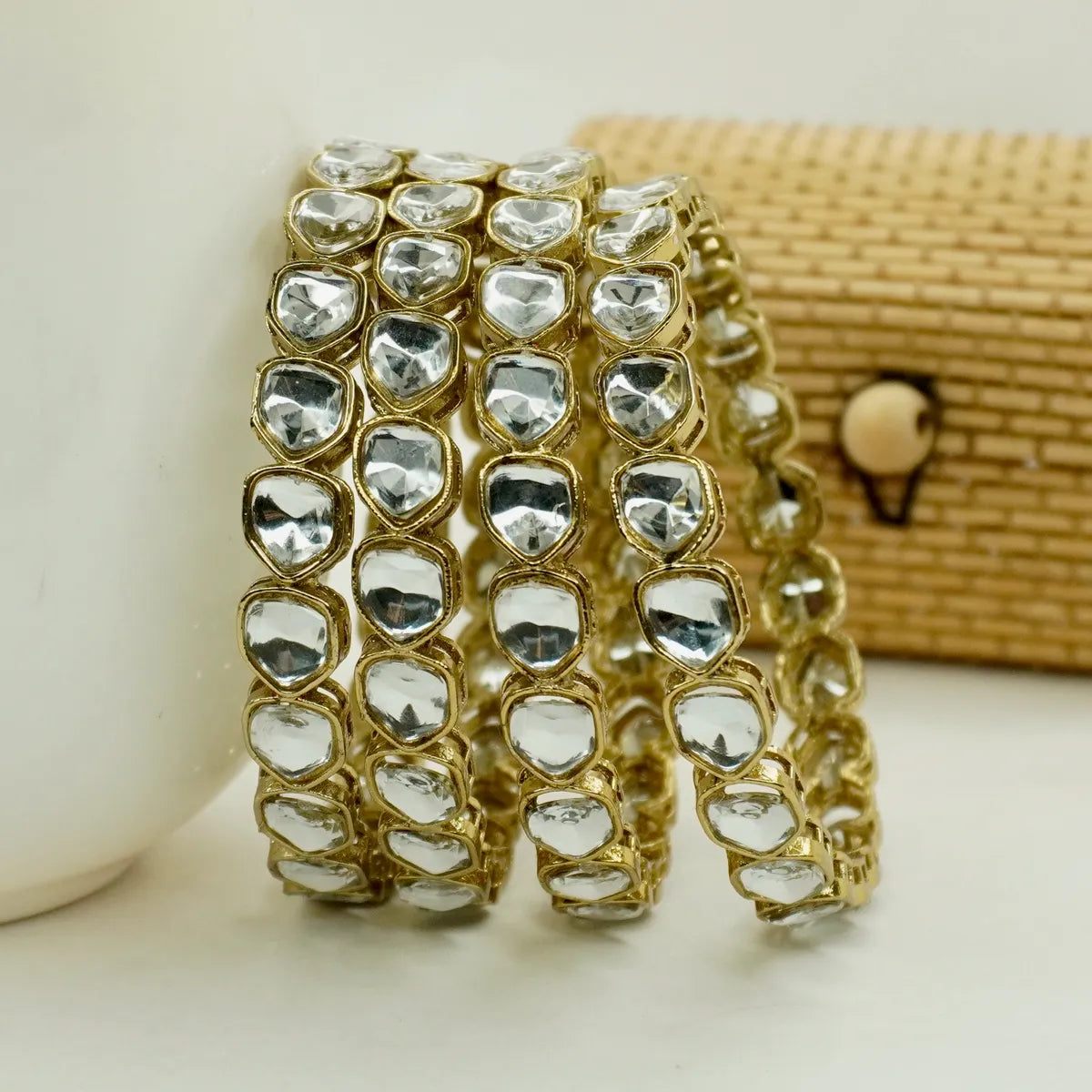 Mehandi Plated Uncut Kundan Bangles Set (4 Pieces )