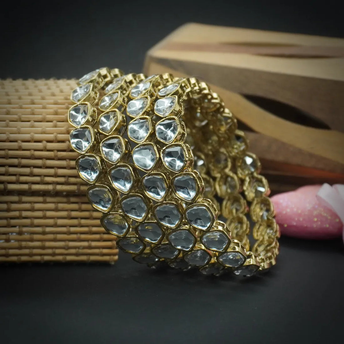 Mehandi Plated Uncut Kundan Bangles Set (4 Pieces )