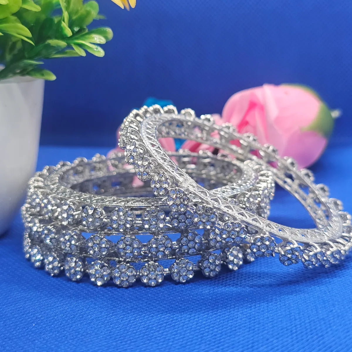 Rodium Plated Flower Stone Gokhru Bangle Set (4 Pieces)