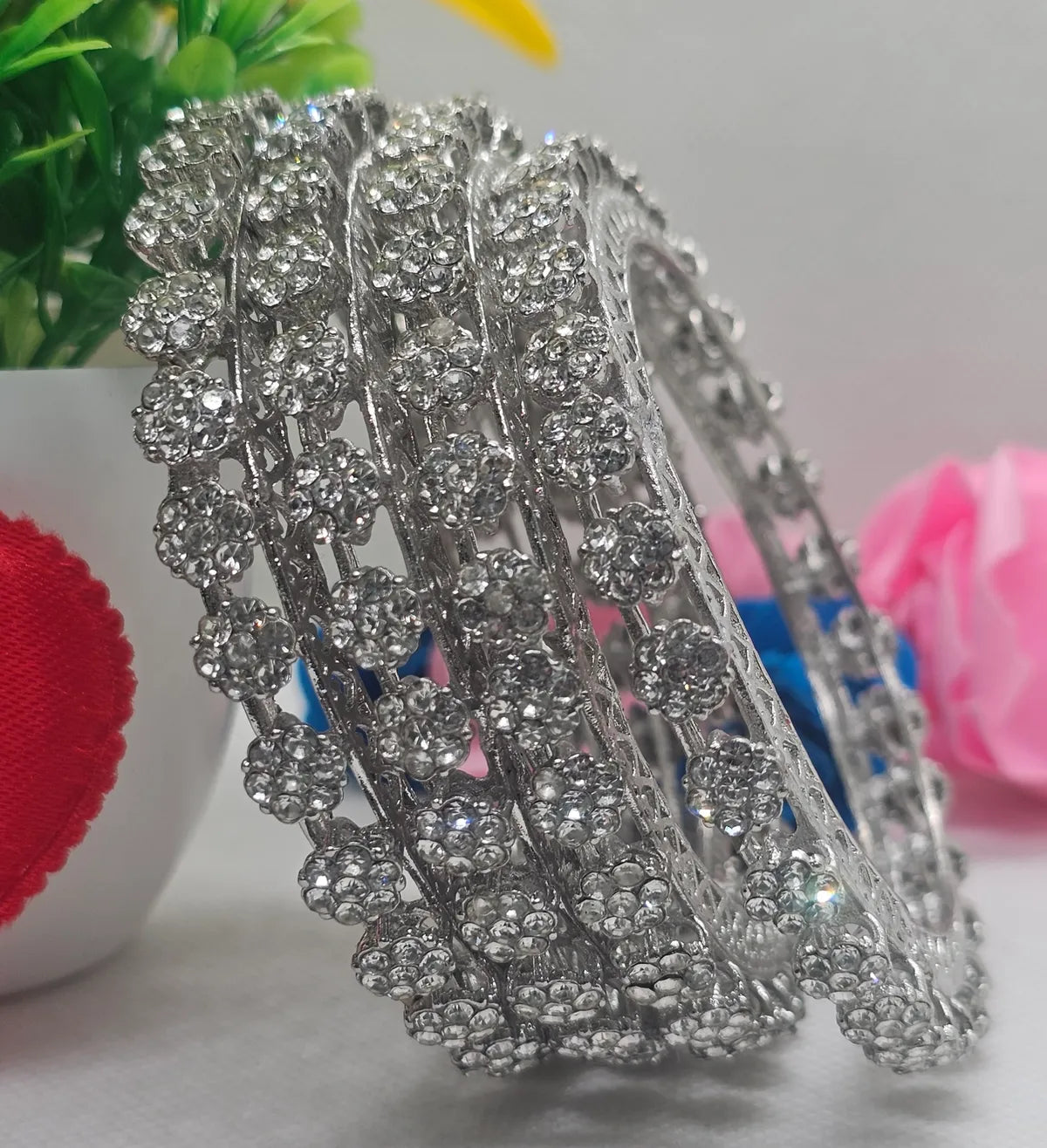 Rodium Plated Flower Stone Gokhru Bangle Set (4 Pieces)