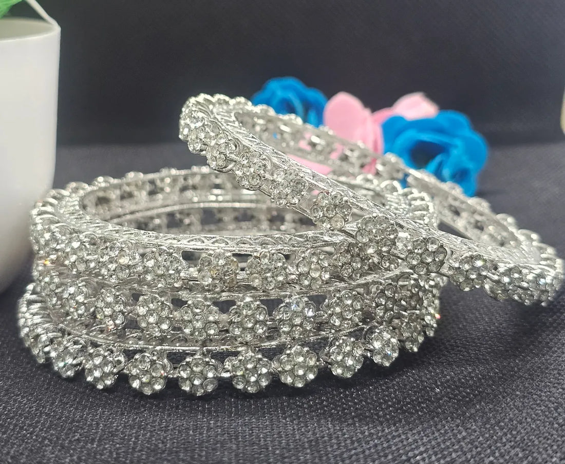 Rodium Plated Flower Stone Gokhru Bangle Set (4 Pieces)