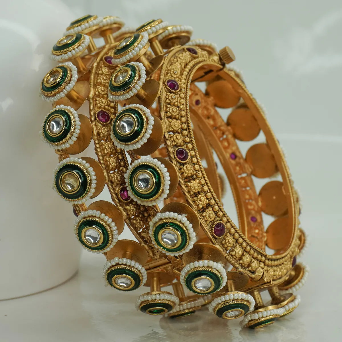 Traditional Gold Plated Green Meenakari Kundan Pearl Bridal Bangles