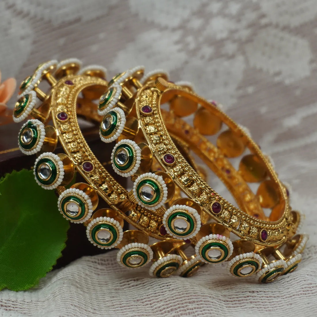 Traditional Gold Plated Green Meenakari Kundan Pearl Bridal Bangles