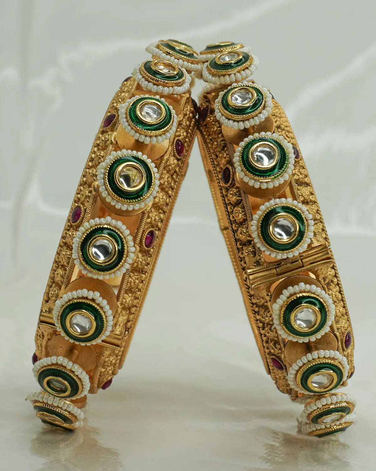 Traditional Gold Plated Green Meenakari Kundan Pearl Bridal Bangles